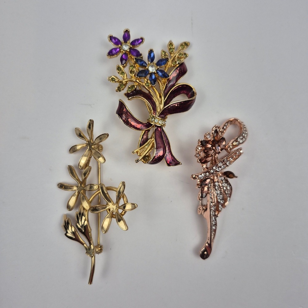 Lot of 3 Floral Brooches Rhinestone Gold‎ & Rose Gold Tone 2.5" Vtg Glam Pins